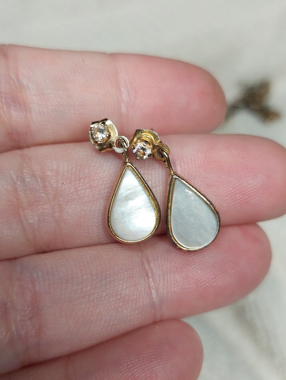Goldtone Teardrop Mother-of-Pearl Drop Earrings with Crystal Accent